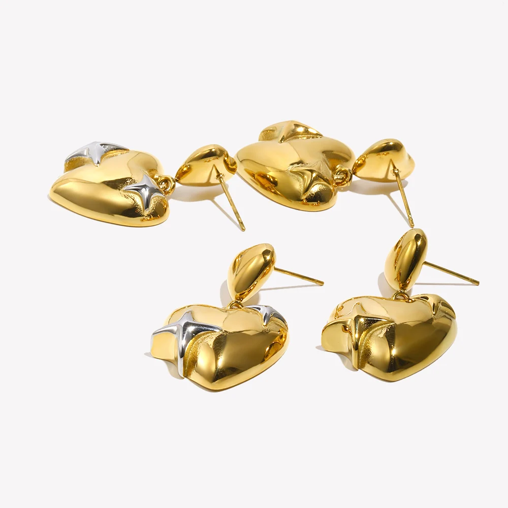 E.B.belle 더블 하트 펜던트 스터드 귀걸이 18k 골드 도금 스테인레스 스틸 쥬얼리 여성용 파티 데이트 패션 참