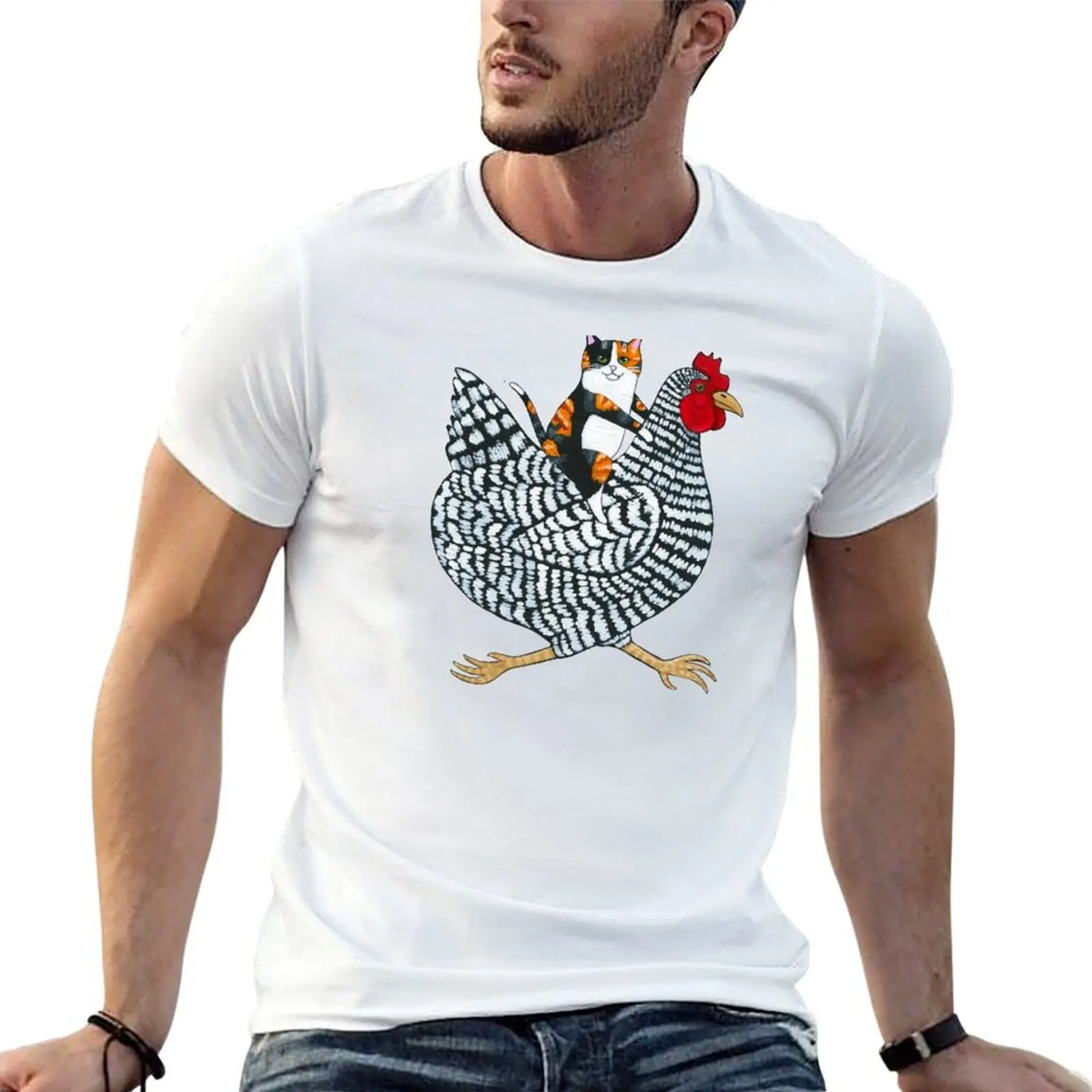 

Хлопковые рубашки с курицей и котом, тонкая мужская футболка, ситцевая футболка с принтом, футболка Ride 100% на заказ