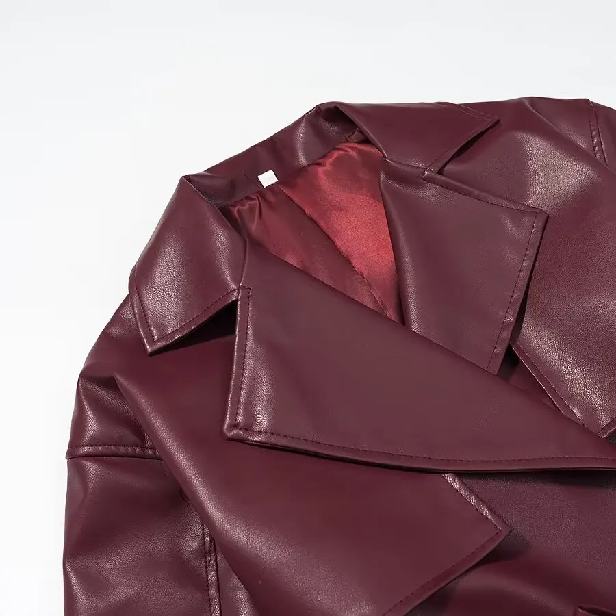 KASLEAD Nowa Damska Modna Długa Prosta Kurtka Skórzana do Noszenia na Co Dzień, Luźny Krój, Zimowa, z Włókna Poliestrowego