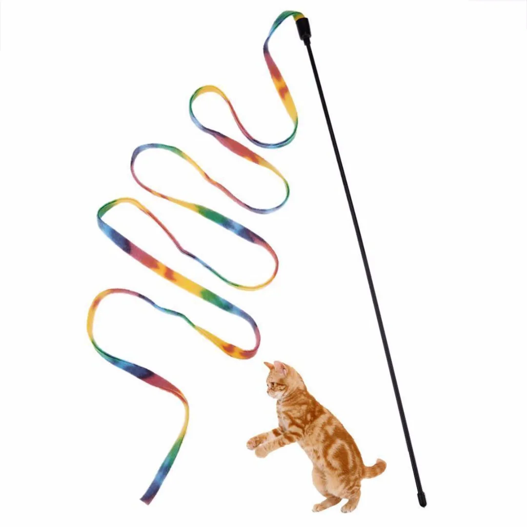 New Pet Cat Toys Funny Rainbow Cloth Stripe Tease Cats Rod Teaser Playing Toy