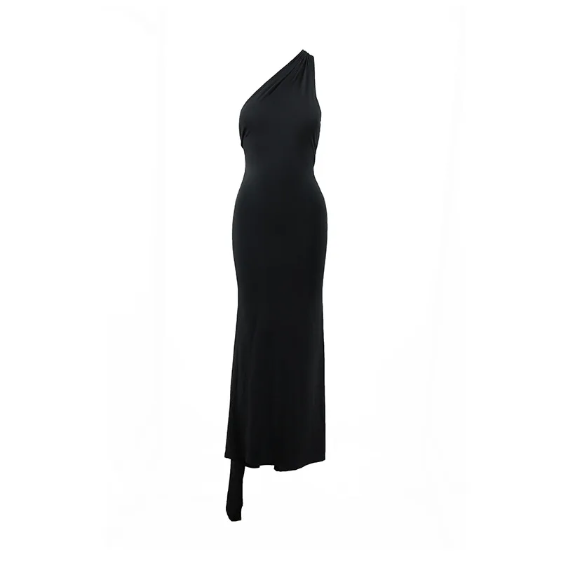 Women's One-Shoulder Sleeveless Maxi Dress Adjustable Scarf Loop Ruched Backless Bodycon Festival Party Outfit Elegant Long Gown