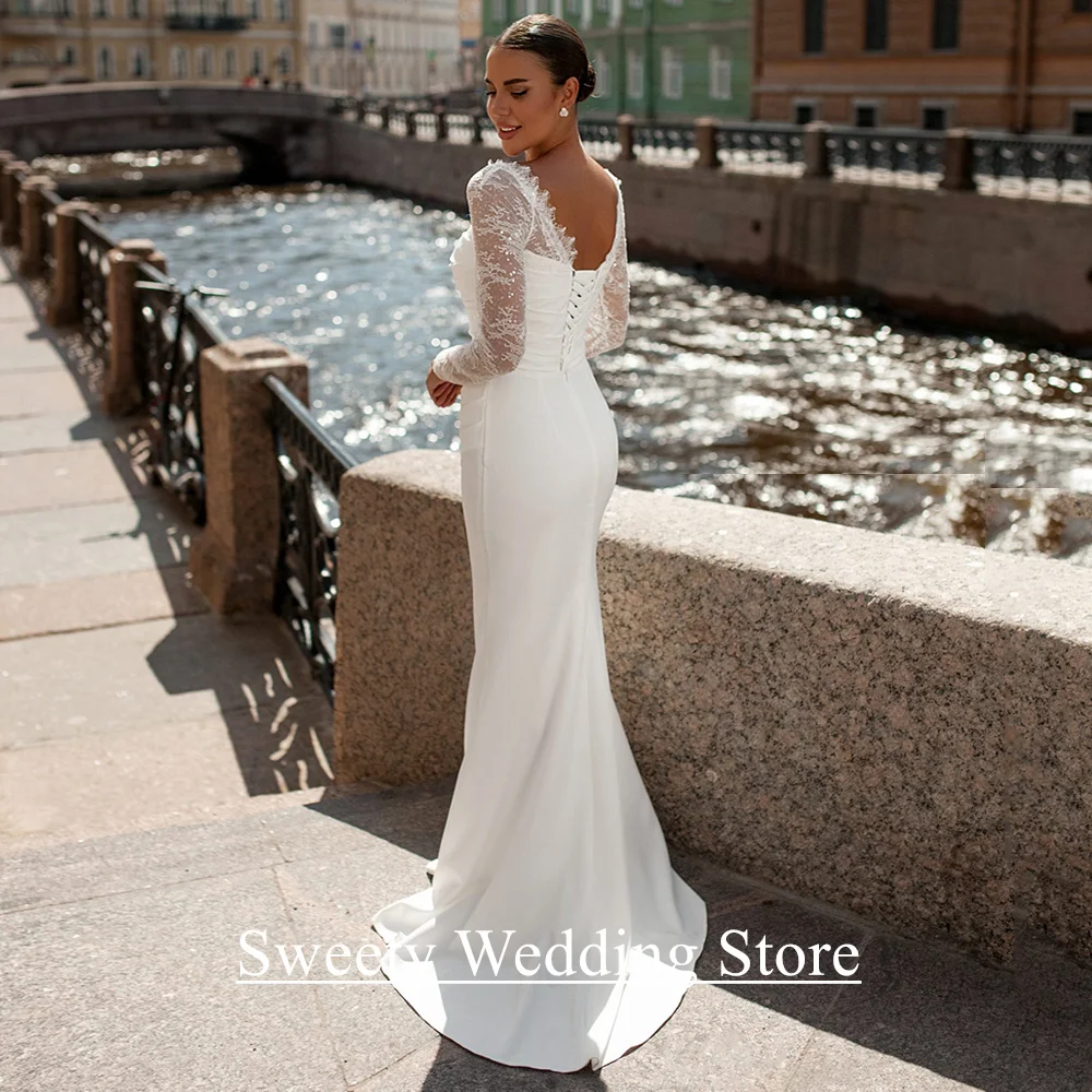 섹시한 웨딩드레스 머메이드 맞춤형 레이스 긴 소매 스쿱넥 플리츠 스윕 트레인 여성 신부 드레스 베스티도 데 노이바