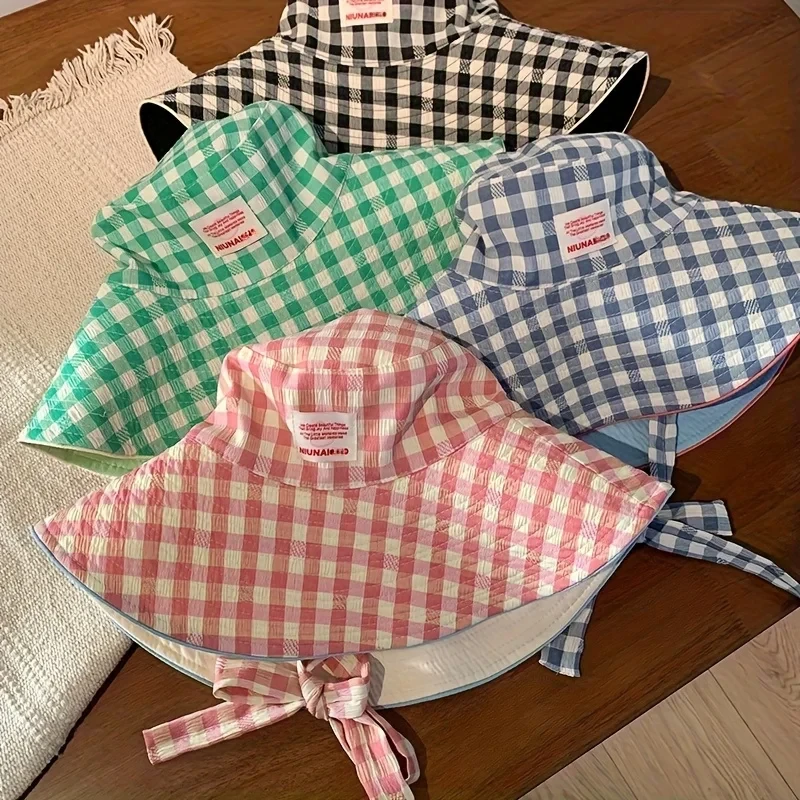 Plaid Bucket Hat Double Sided Reversible Sun Protection For Beach Travel Outdoor Women