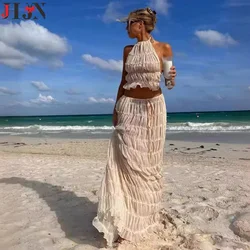 Fashion Halter Neck Long Skirt Suit 2 Piece Set Outfits Women Backless Sling Top Lace Up Fold Maxi Skirts 2024 New Summer Female