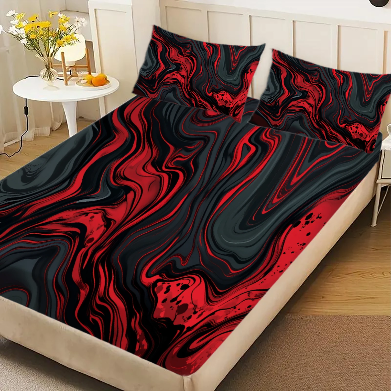 3pcs Red And Black Abstract Wave Flat Sheet 3D Printed Fitted Sheet With Pillowcases No Filling Cool Visual For Boys Teen Adult