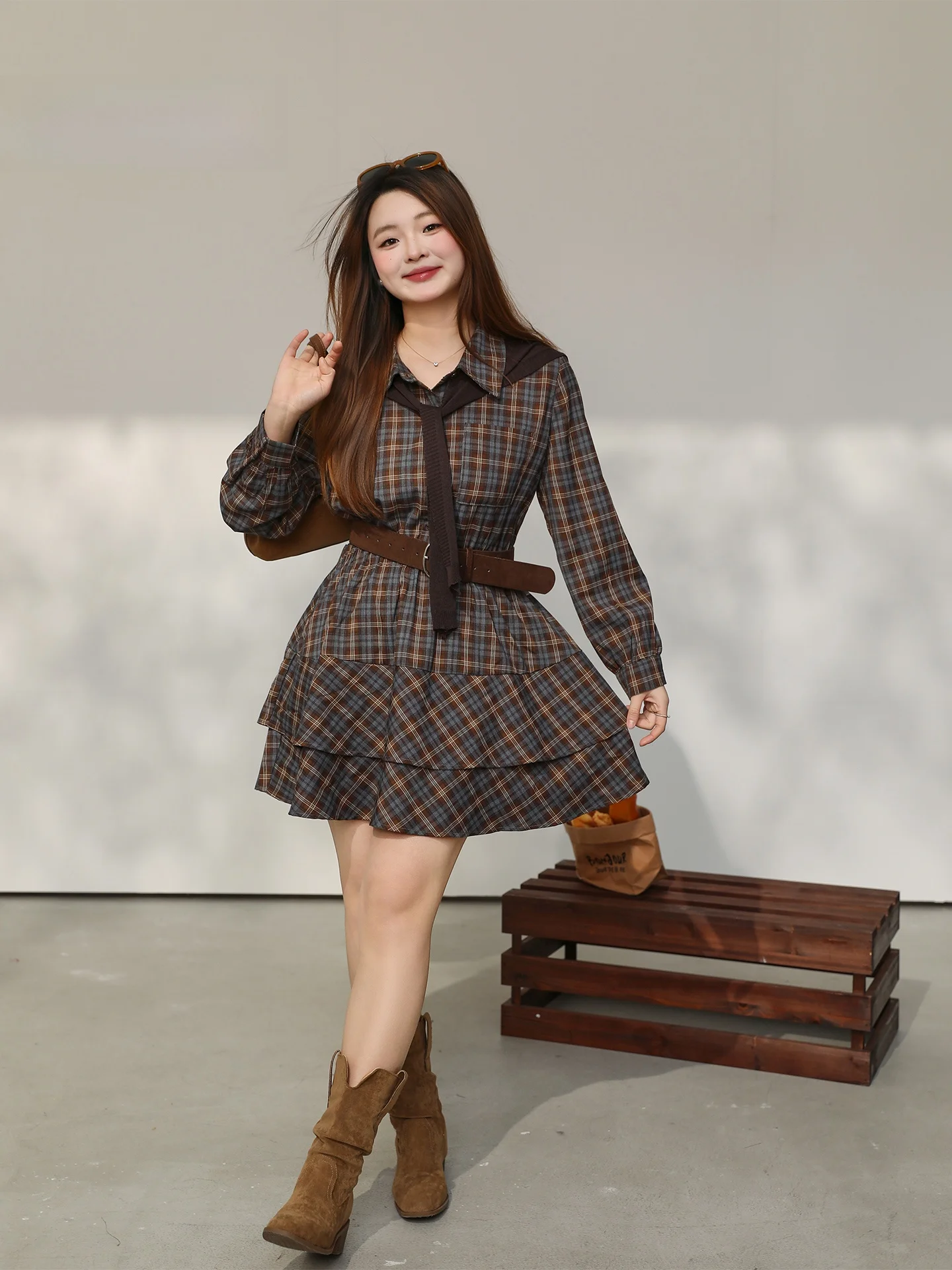 

plus Size Retro Plaid irt Dr with oulder Scarf for Women Spring Season Casual Wear High Waist Long Sve Polyester Blend