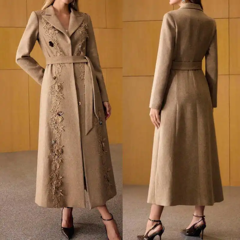 

Graceful Autumn Winter Women Long Overcoat Lace Appliques Wool Blend Jacket Blazer Belted Outwear Custom Made