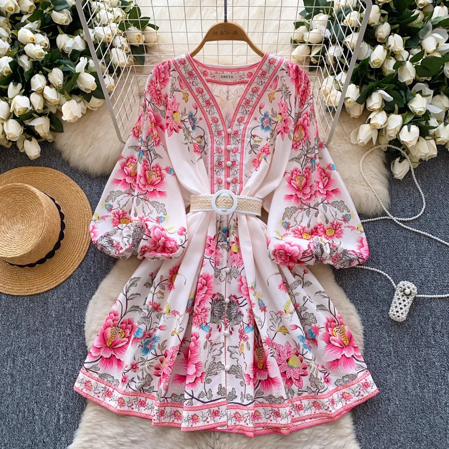 2025 Summer Holiday Boho Gorgeous Flower Mini Dress Women Lantern Sleeve V-Neck Single Breasted Belt Short Party Vestidos