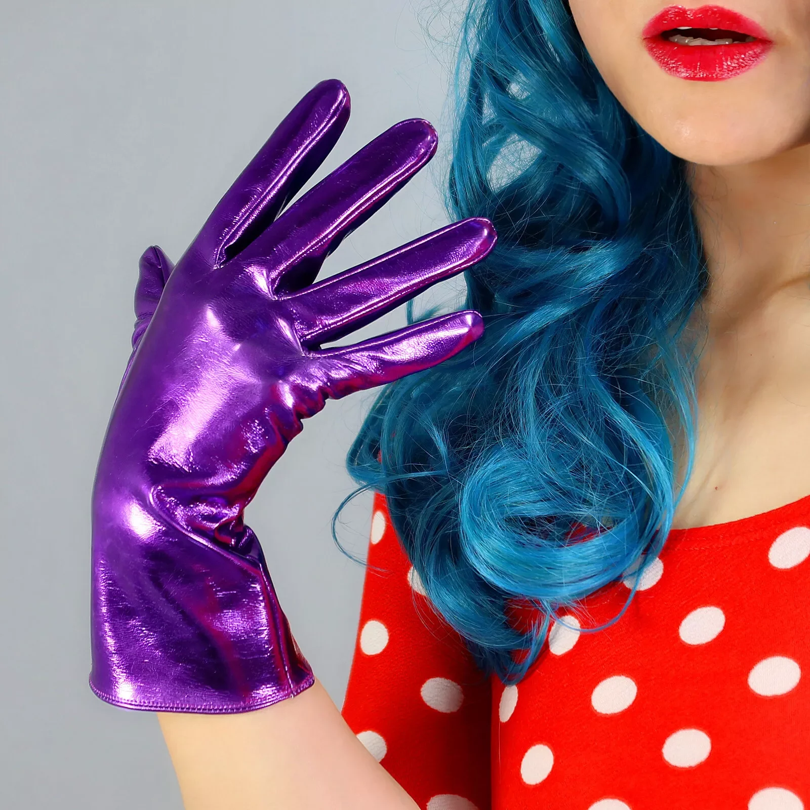 

Shine Purple GLOVES LATEX Wet Look Faux Patent Leather 11" 28cm Wrist Short Fashion Evening Halloween Cosplay Custome Glove