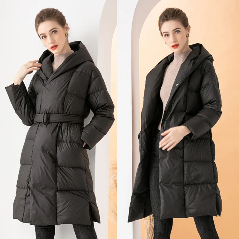 Winter New European High End Down Coat Women Mid Length Slim Fit White Duck Down Belt Windproof Hooded Coat