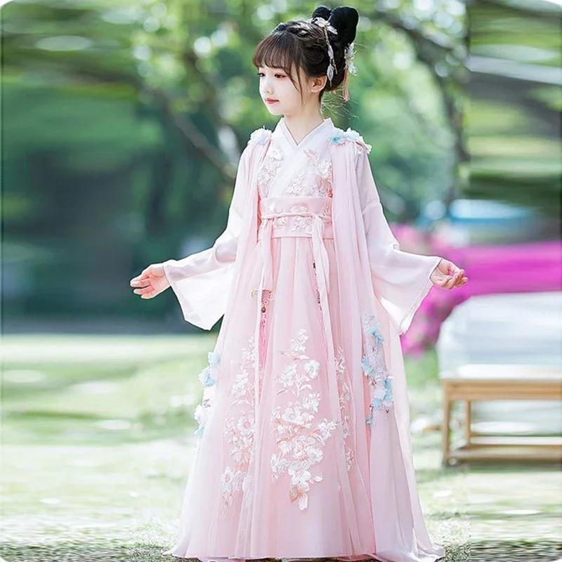 2024 Chinese Hanfu Dress Girls New Year Costume Ancient Hanfu Dress Children Carnival Fairy  Costume Pink Dress Cloak Girls