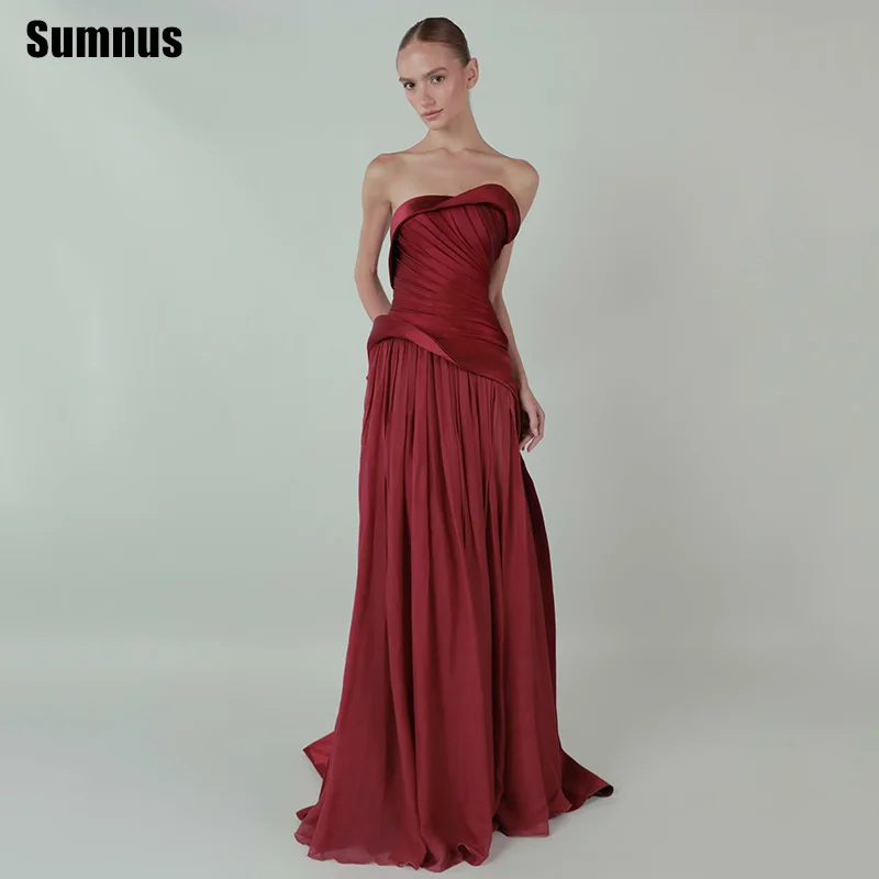

Sumnus Элегантные платья для выпускного вечера трапециевидной формы бордовые шифоновые складки без бретелек макси торжественное вечернее платье robes de soirée по индивидуальному заказу
