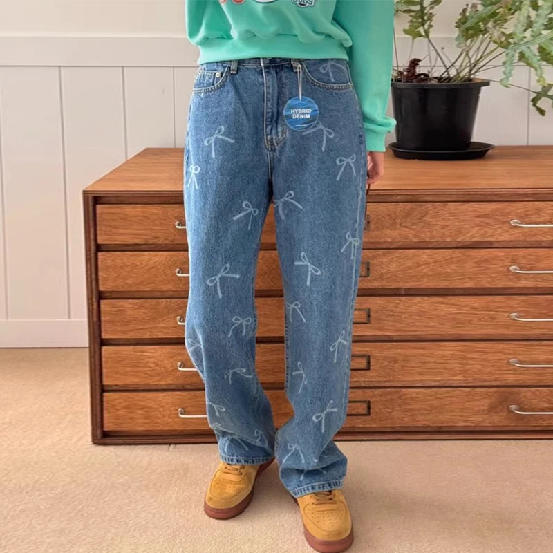 

Шикарные прямые джинсы с высокой талией, женские весенние потертые классические синие джинсы с узлом и принтом Faion