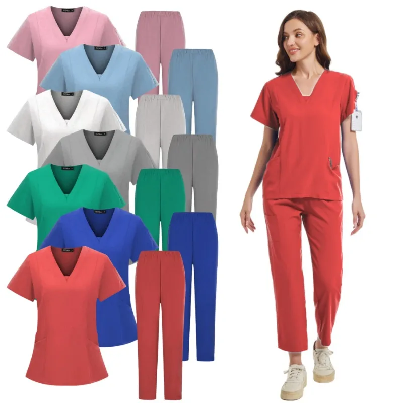 Stretch Scrub Top e bolso Calças, Uniforme de enfermeira, Conjunto de esfrega clínico, Uniformes de cirurgia médica, Dentista e esteticista Workwear, Novo