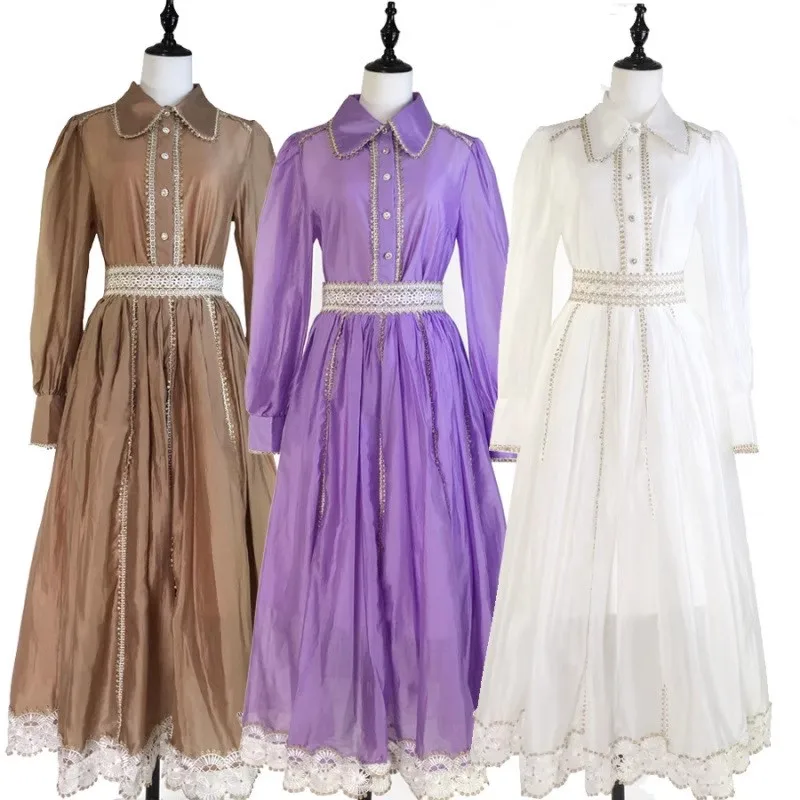 

Luxury Skirts 2-Piece Set Women Summer Elegant Lapel Long Sleeve Shirt+High Waist Embroidery Maxi Skirts Suits Female 2pcs Outfi