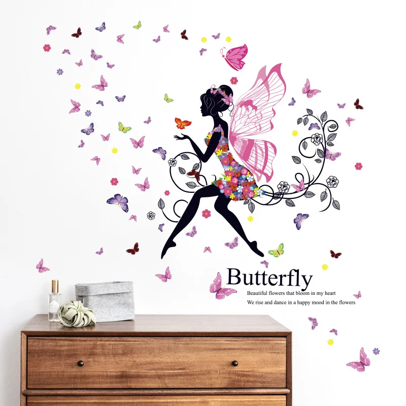 Floral Fairy Butterfly Silhouette Wall Stickers, Colorful Wing Elf Vine Flower Bedroom Decor
