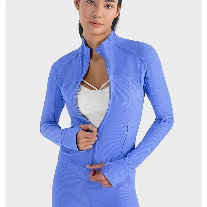 Lemon Women Ribbed Cropped Define Stand Neck Sports Jacket Utdoor Lightweight Breathable High Elastic Fitness Yoga Coat