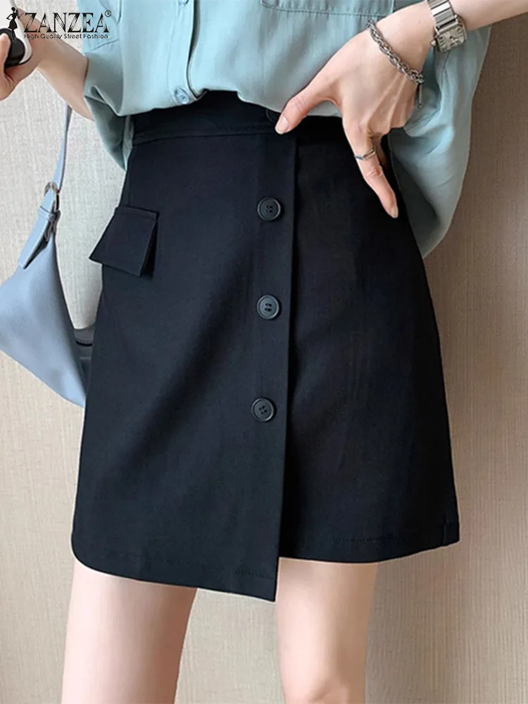 ZANZEA Women Elegant Asymmetrical Hem Mini Skirt Office Lady Classy High Waist Short Skirts Korean Style Solid Casual Faldas