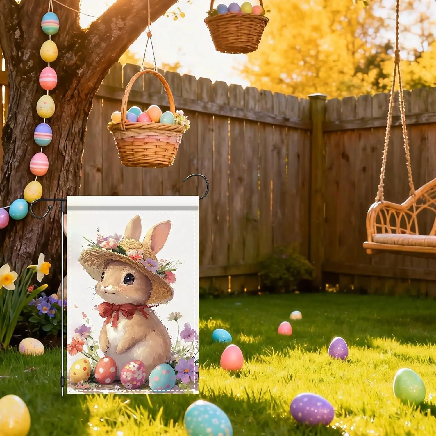 Bunny Spring Garden Flag 12x18 Inches Polyester Rabbit Decor Yard Lawn Patio Outdoor (Oil Painting Bunny with Straw Hat Red  MMZ