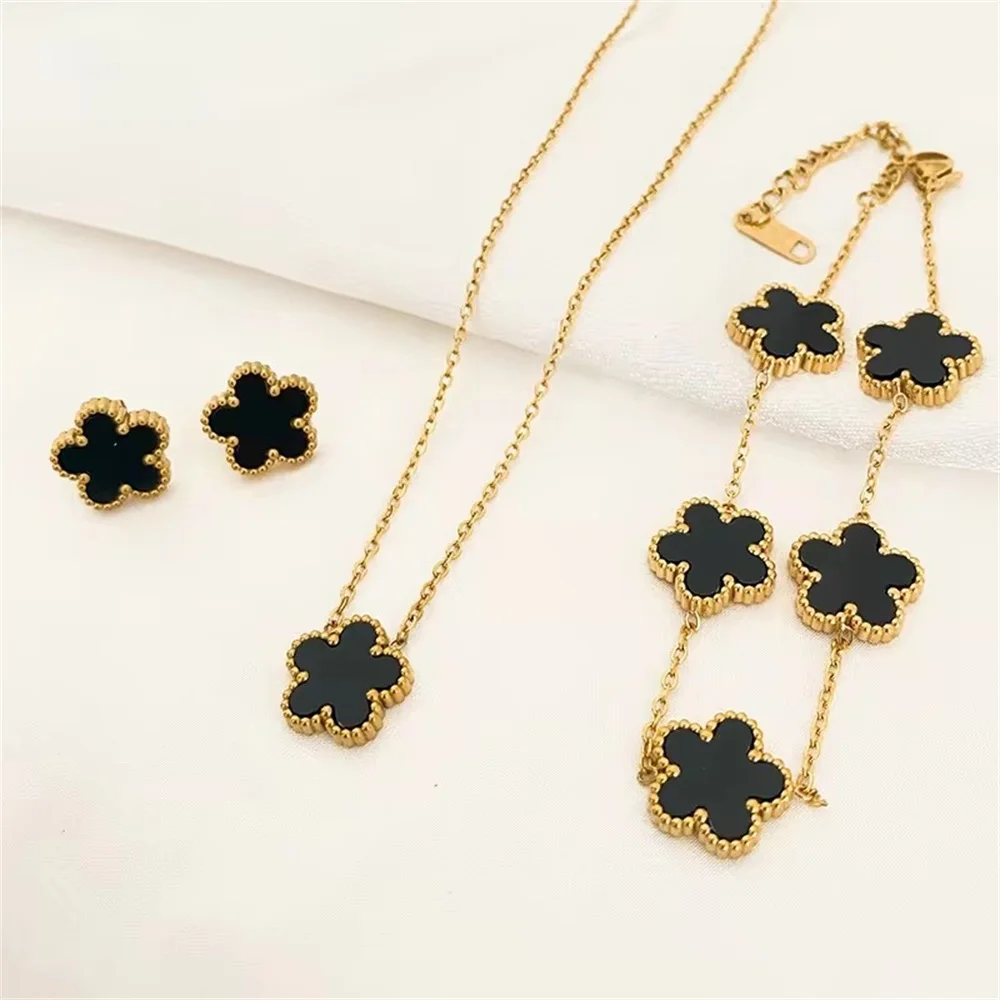 3Pcs Stainless Steel 316L Luxury Plum Blossom Plant Five Leaf Flower Necklace Earrings Bracelet for Women Gift Jewelry Sets