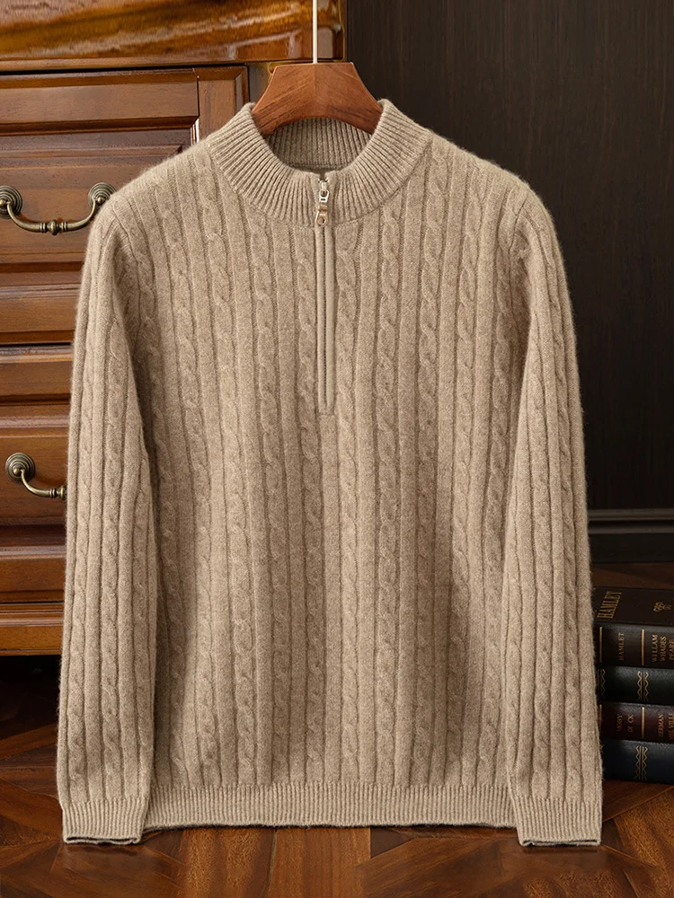 

100% pure cashmere sweater for men half turtleneck half zipper pullover long sleeve thick twist knit sweater