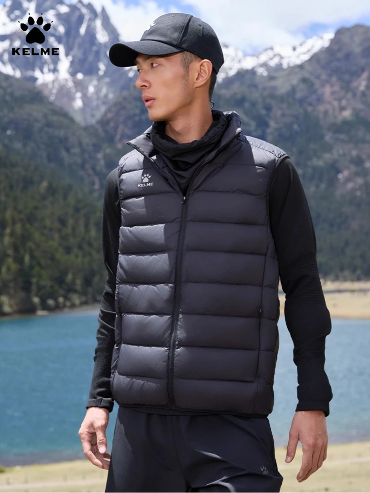 

Kelme мужской легкий пуховый жилет, зимняя куртка для бега, спортивный жилет на открытом воздухе, пеший туризм, хлопковый жилет, теплый ветрозащитный жилет