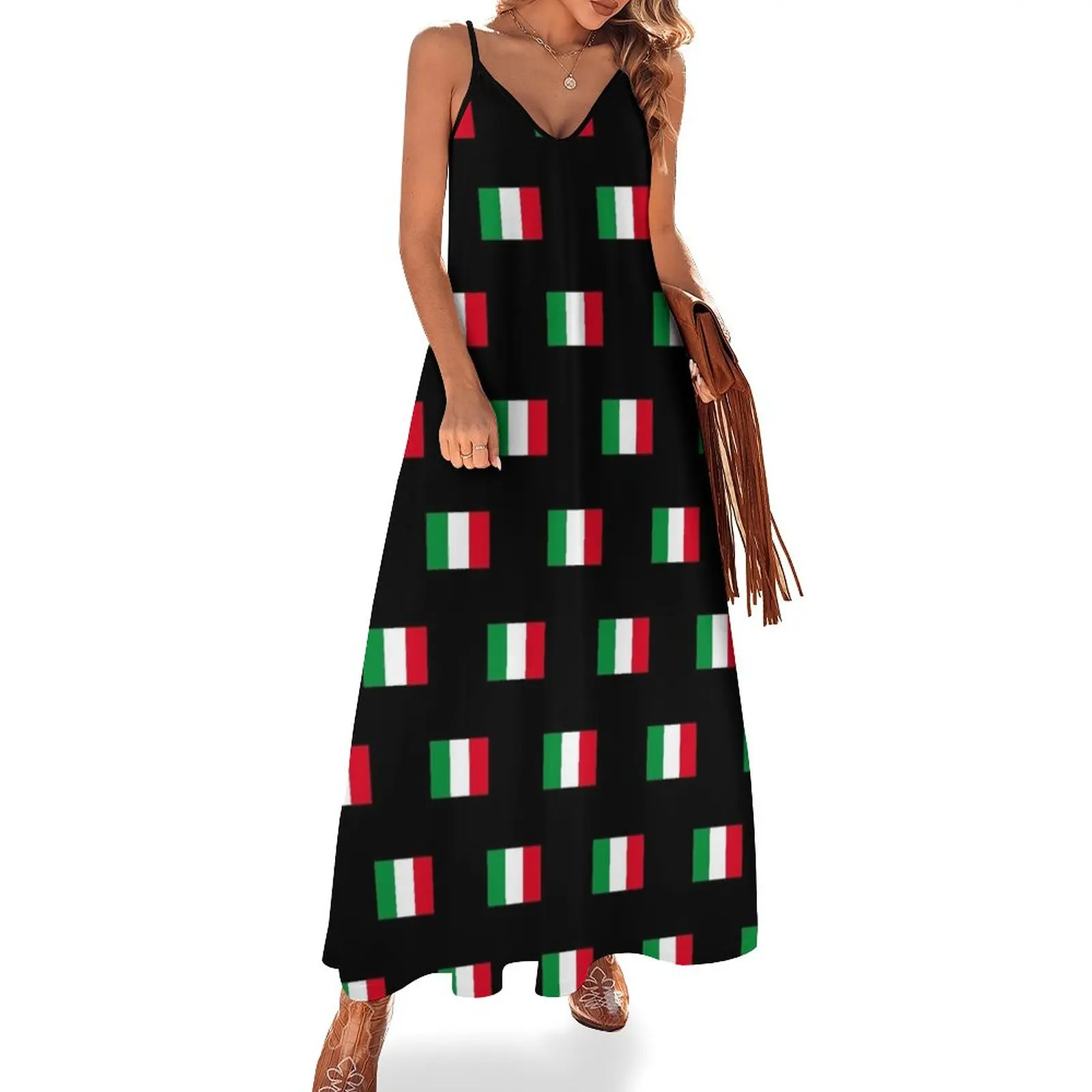 

Flag of Italy, Bandiera di Italia, black bg Sleeveless Dress clothes for women Evening dresses