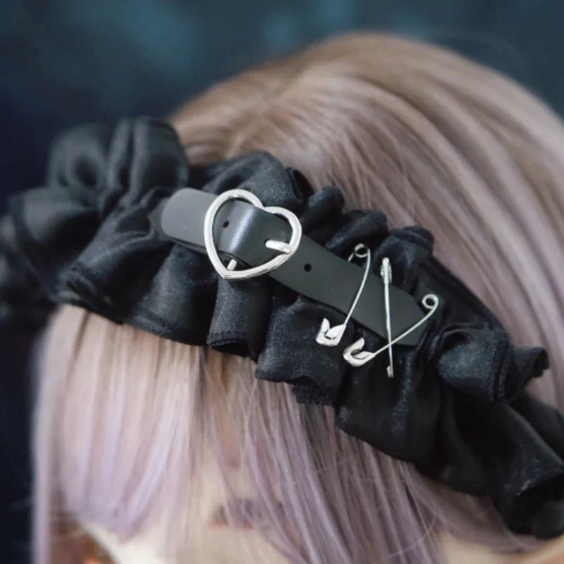 오리지널 핸드메이드 고딕 로리타 헤어 후프 Y2k 블랙 메탈 버클 러플 헤드웨어 소녀 하라주쿠 스윗 헤드밴드 액세서리 선물