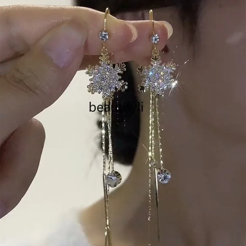 Light Luxury Premium Crystal Snowflake   Sterling Silver Earrings Long Fringed   Fashion Versatile Earrings Women