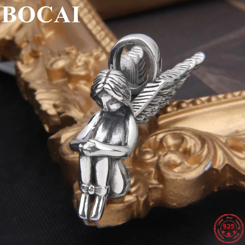 

BOCAI S925 Sterling Silver Charm Pendants for Men Women New Fashion Lovely Angel Wings Trend Jewelry Amulet Free Shipping