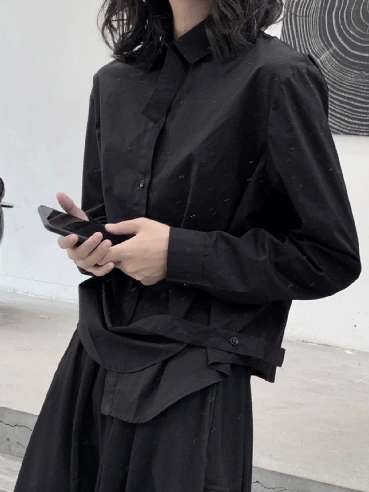 

Loose Long Sve Women's irt Spring Autumn Bla Japanese Design Base Layer Street Sle Collar Cotton Blend