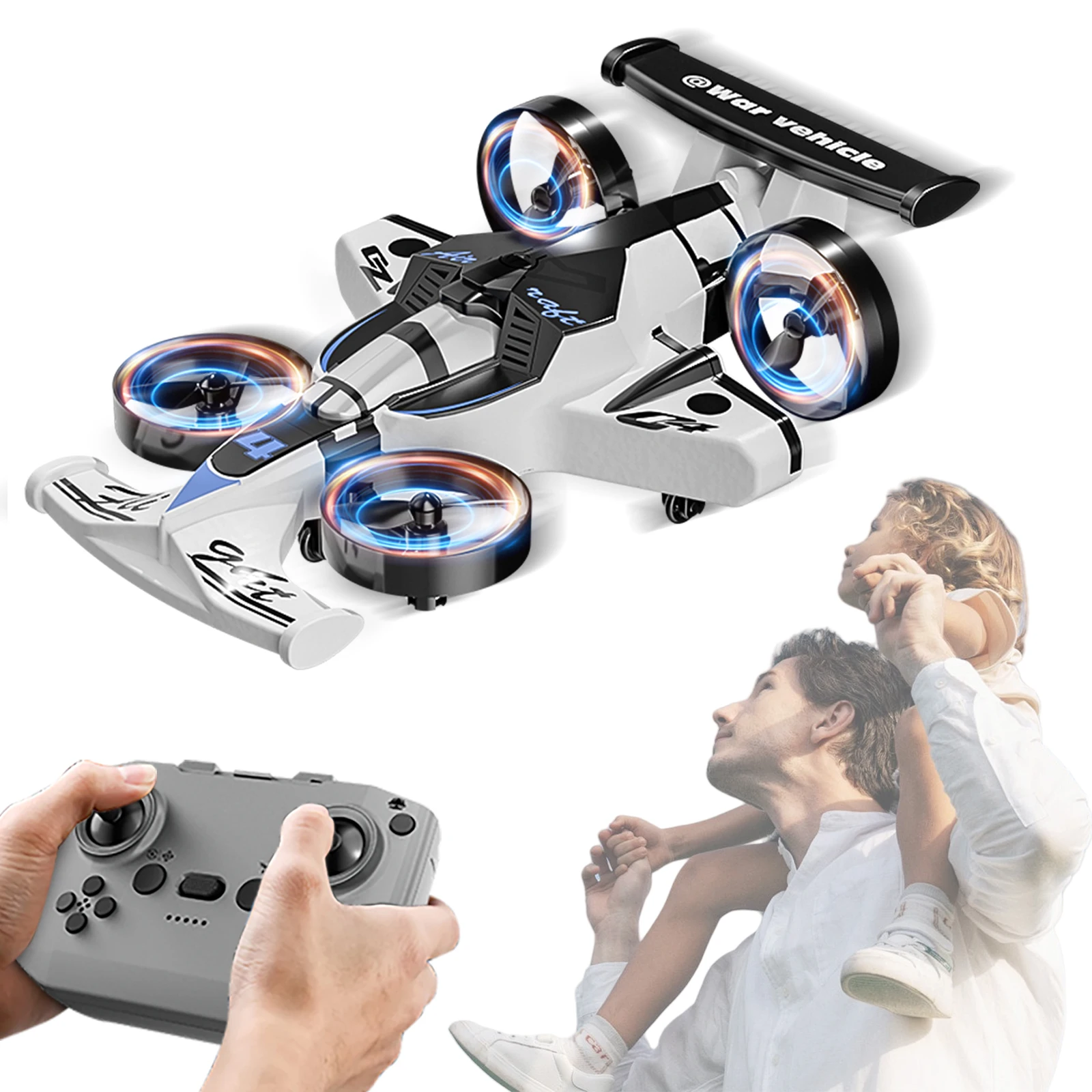 طائرة رباعية الدوار للتحكم عن بعد 2 في 1 (برية وجو) ومركبة انجراف بوضع بدون رأس وقلب 360 درجة (أبيض)