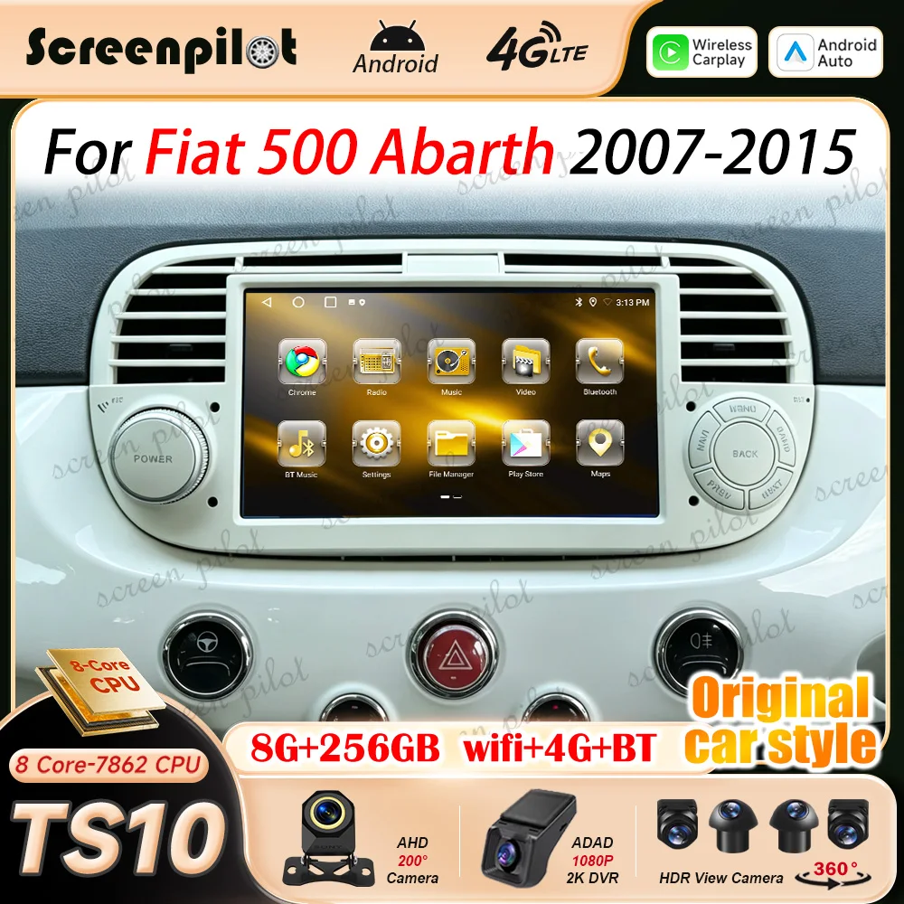 7 Inch Android 16 Car Radio Stereo For Fiat 500 Abarth 2007 2008 2009-2015 Multimidia Player GPS Carplay Android Auto 8 Core RDS