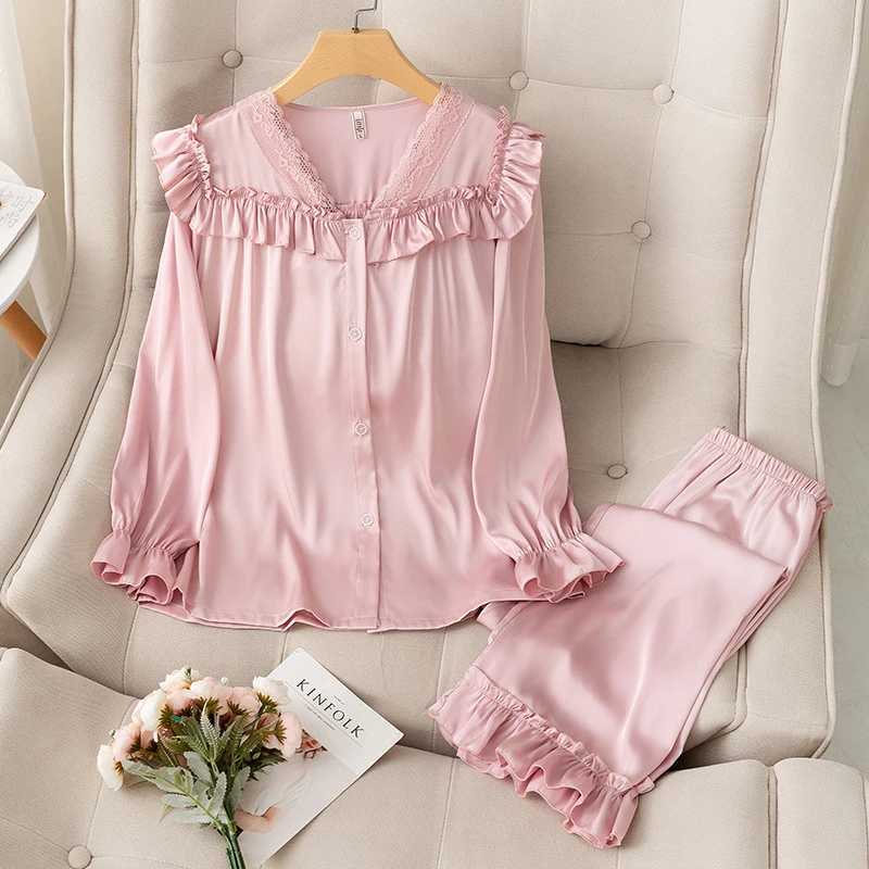 Satin Pajamas Set Faux Silk Women Sleepwear Shirt&Pants Casual Lace Pijamas Lounge Wear Spring Summer New Home Clothes Nightwear