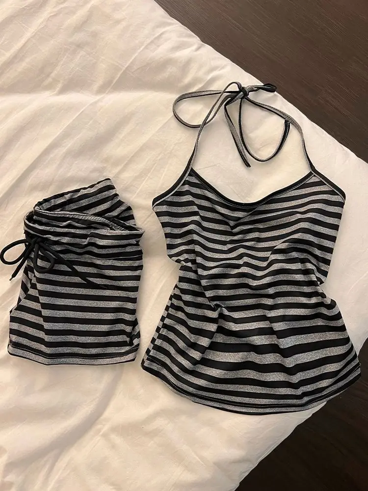 American Y2k Style Female 2 Piece Set Tough Girl Simple Striped Halter Nightgown Women Short Summer Shorts Suit Home Wear Outfit