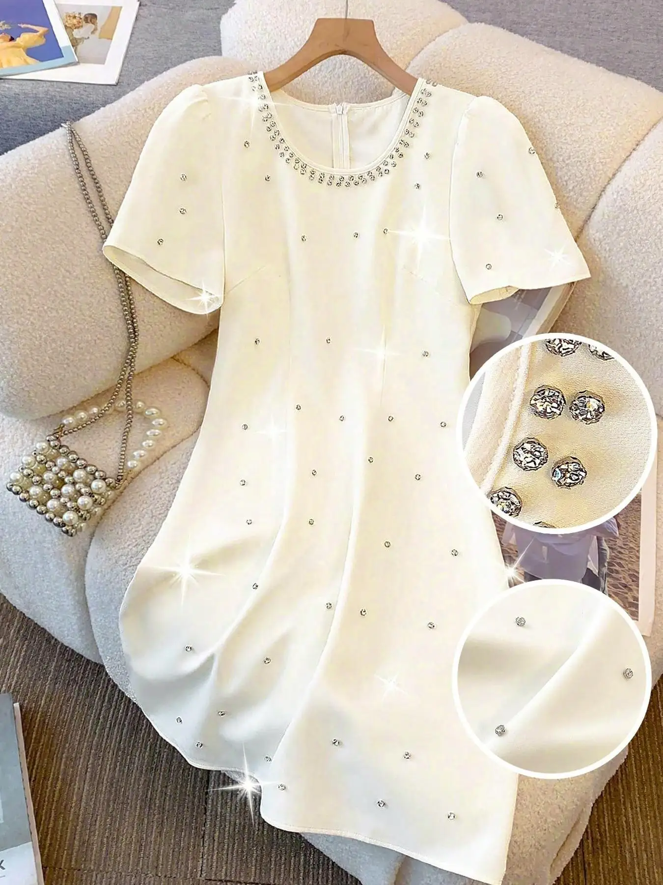 Elegante Vestido Ajustado de Manga Corta para Mujer con Diseño de Pedrería, Vestido Sencillo y Chic para Fiestas y Eventos, Estilo Veraniego