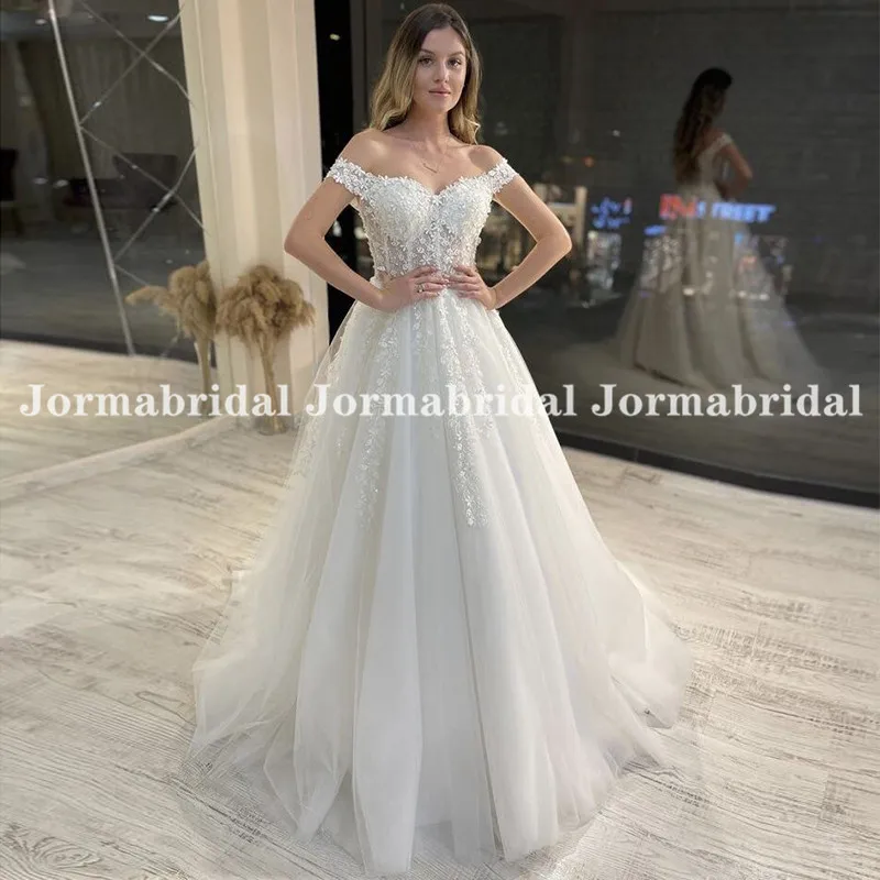 Delicate Applique Beach Wedding Dresses Off the Shoulder Short Sleeves Bride Dress Illusion Sweetheart Tulle A-Line Bridal Gowns