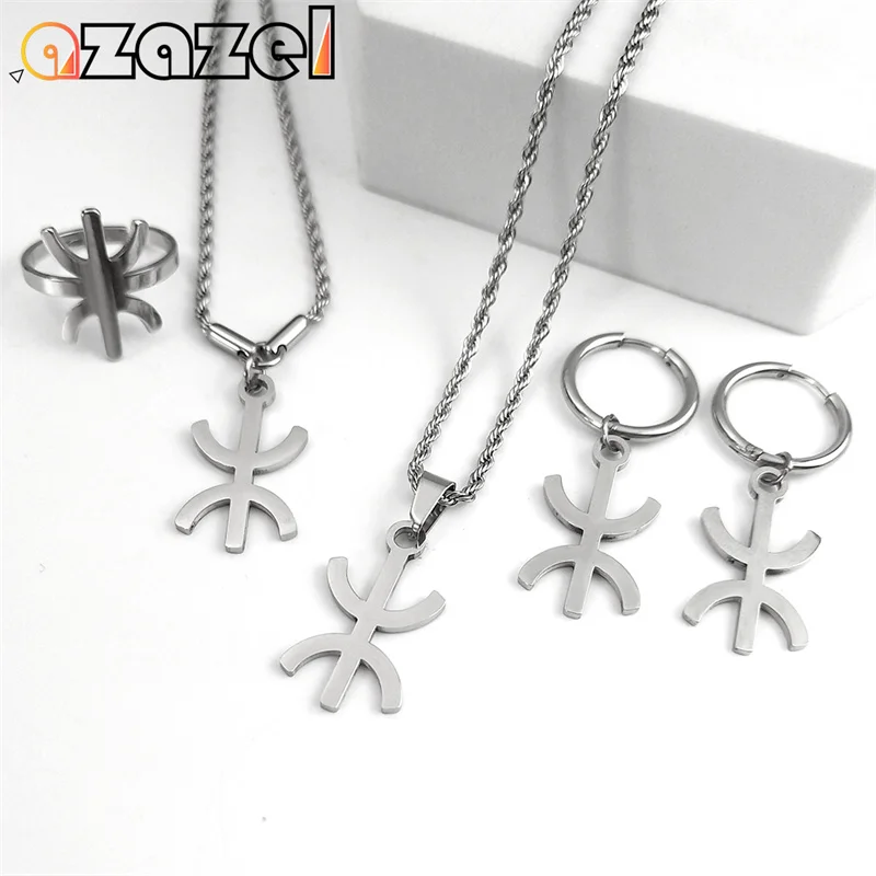 Africa Berbers Symbol Stainless Steel Jewelry Set Amazigh ⵣ Letter Women Men African Amulet Necklace Bracelet Ring Earring Gifts