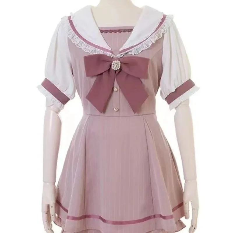 

Милые комплекты из 2 предметов, женская одежда, японская одежда, туника с матросским воротником, платья с бантом, шорты с высокой талией, костюм, шикарный милый летний комплект