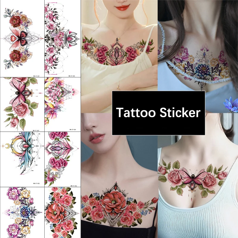 Chest Temporary Tattoos For Women Underboob Adult Sexy Rose Flower Fake Tattoo Sexy Waterproof Tatoos