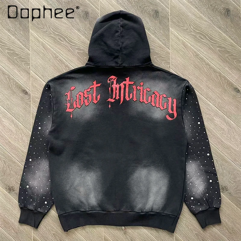 American Retro Printed Washed Casual Zipper Hoodie and Pants Sets Autumn New Trendy Personality Handsome Sports Suit for Men