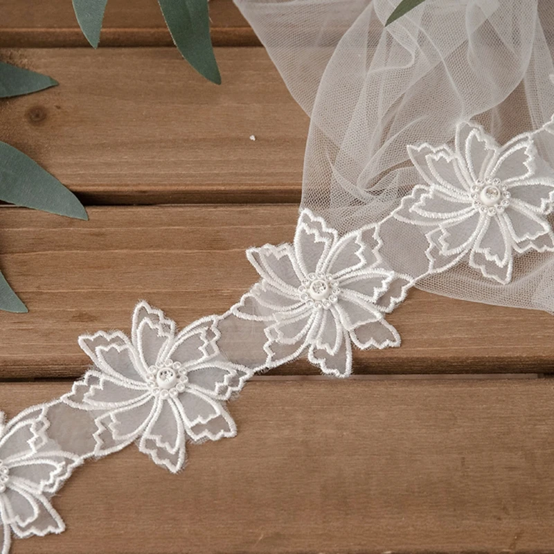 Cinta para ajuste, encaje blanco bordado con flores 1 yarda, apliques cuentas perlas imitación DIY