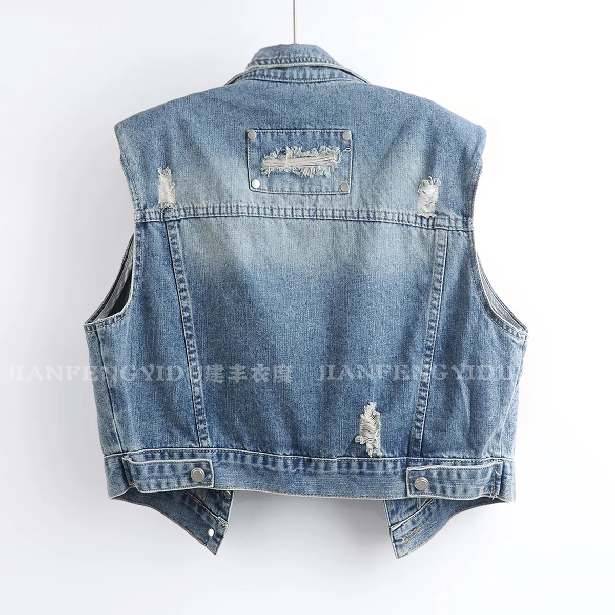 Autumn Women Vintage Washed Blue Frayed Burrs Hole Denim Vest Casual Lapel Single-Breasted Sleeveless Female Cowboy Waistcoat