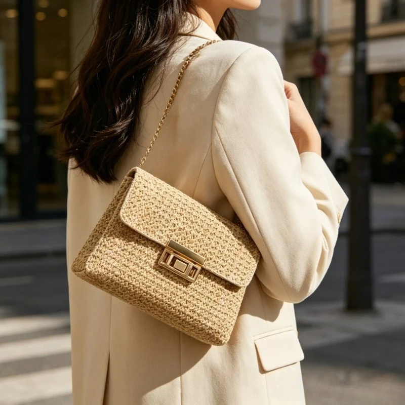 Straw Woven Crossbody Bag with Gold Chain, Mini Flap Shoulder Purse with Metal Lock for Women Beach, Vacation Casual Wear