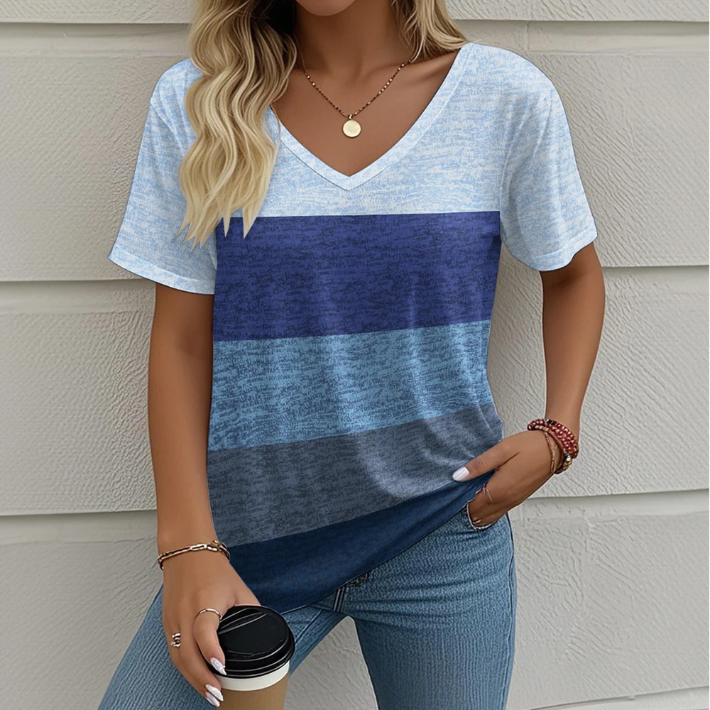 

Summer Women's T-Shirt Striped Printing Outdoor Retro Fashion Casual Oversized V-Neck Y2k Short-Sleeved Women's Clothing