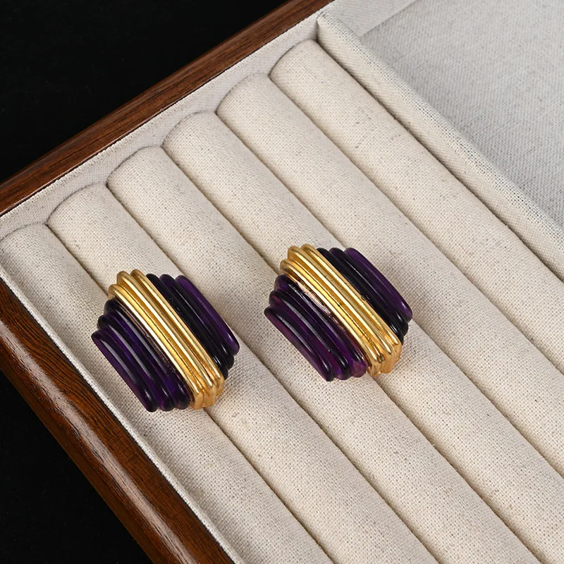 Gold Plated Layered Resin Stud Earrings Purple Geometric Stacked Cylinder Retro Statement Earrings Women Fashion Jewelry