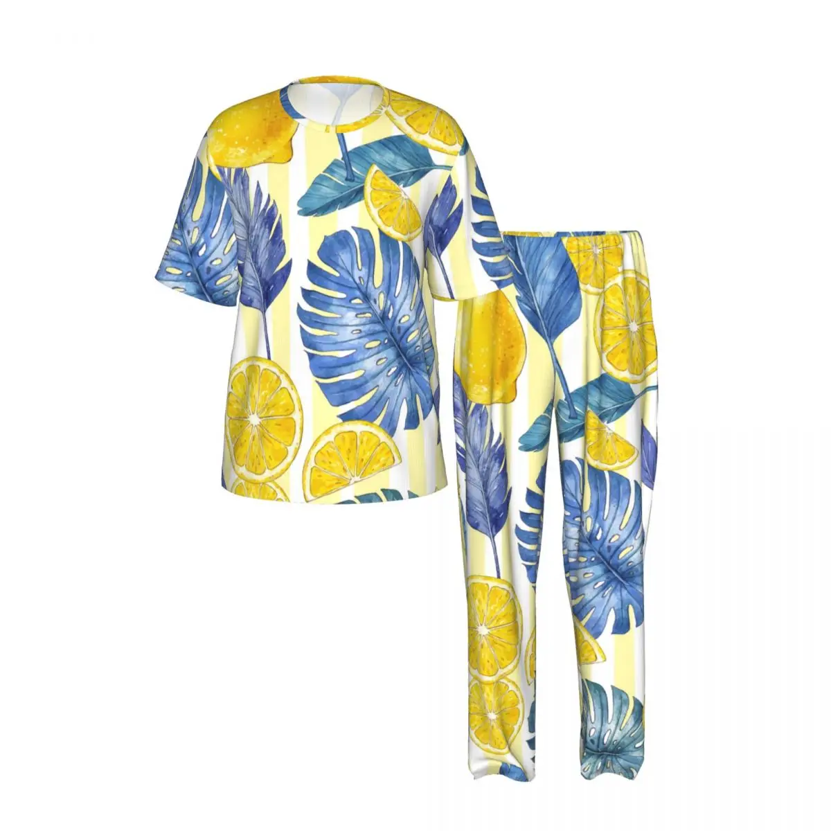 Sleepwear Summer Spring Home Clothes Summer Tropical Lemon Leaves Short Sleeve Long Pant Nightwear