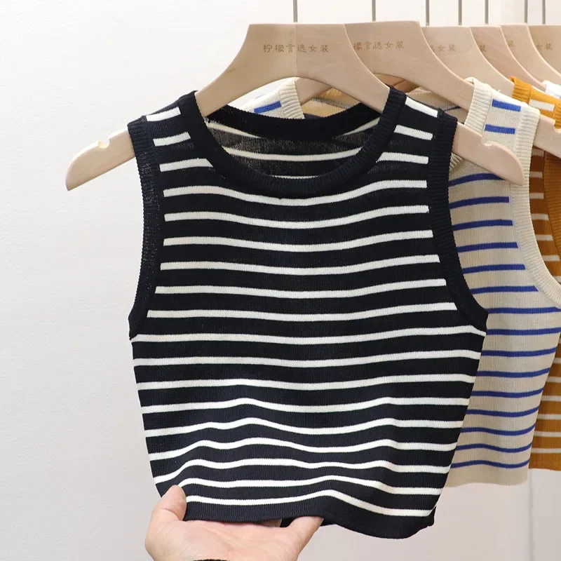 Summer Spring Striped Tank Tops Women Sleeveless Knitted T-Shirts Crop Tops Female Elastic Slim Casual Vests Pullover Camis