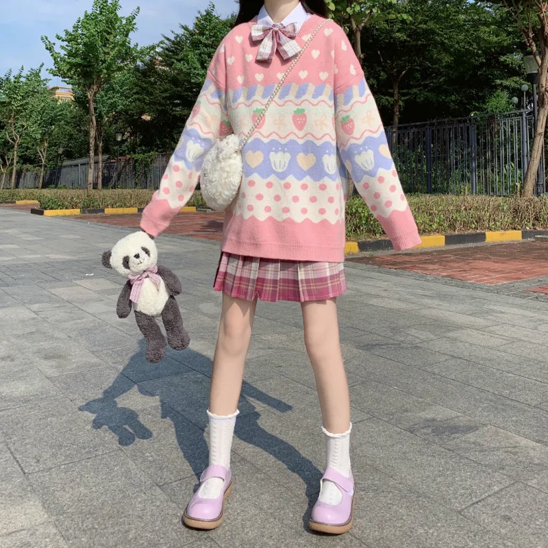 Winter Cute Sweet Pink Sweater for Women Teen Japan School Girl Kawaii Oversized Strawberry Loose Knitted Pullover