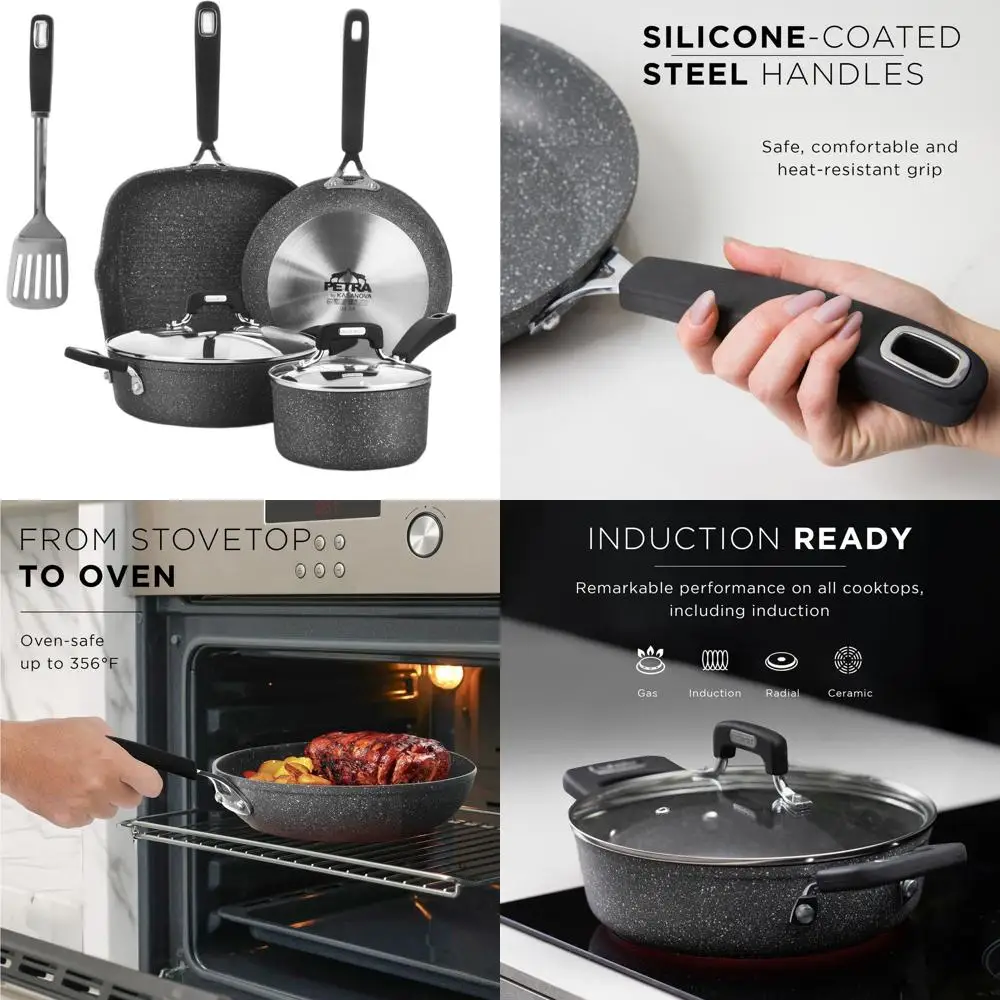 

7-Piece Dark Nonstick Cookware Set with Glass Lids, Induction Compatible, Aluminum, PFOA-Free, Includes Turner